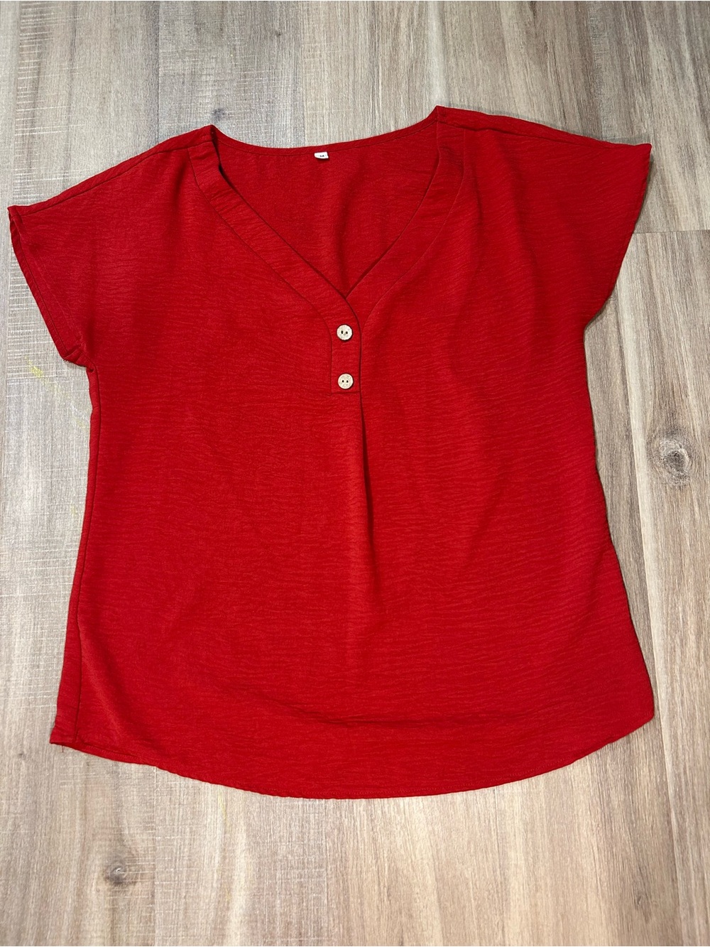 Women's Red V-Neck Short Sleeve Top with Button Detail